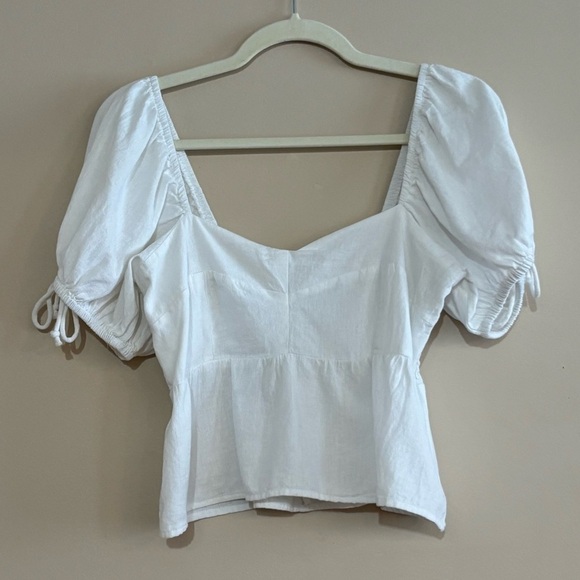 NWT Sim & Sam M Linen Blend Empire Waist Smocked Puff Sleeve Crop Blouse White - Picture 1 of 11
